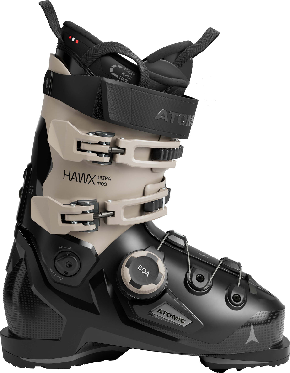 HawxUltra110SBOA- Black and cream Atomic Hawx ski boot on a white background