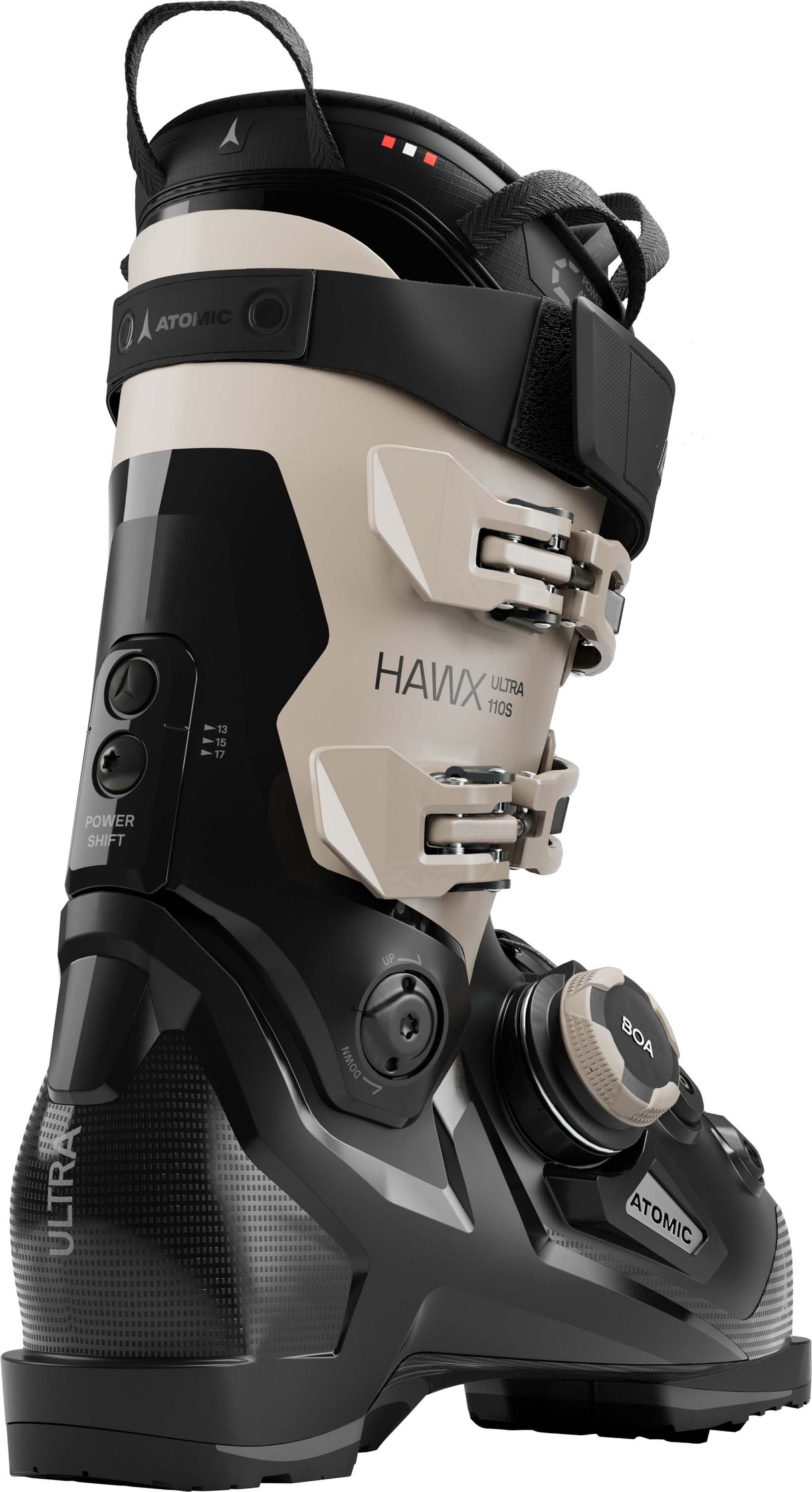 HawxUltra110SBOA- Black and cream Atomic Hawx ski boot on a white background