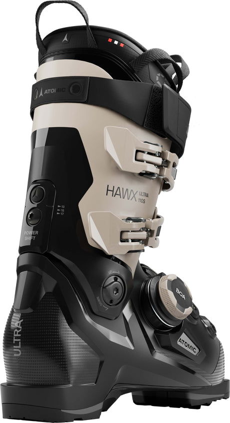HawxUltra110SBOA- Black and cream Atomic Hawx ski boot on a white background