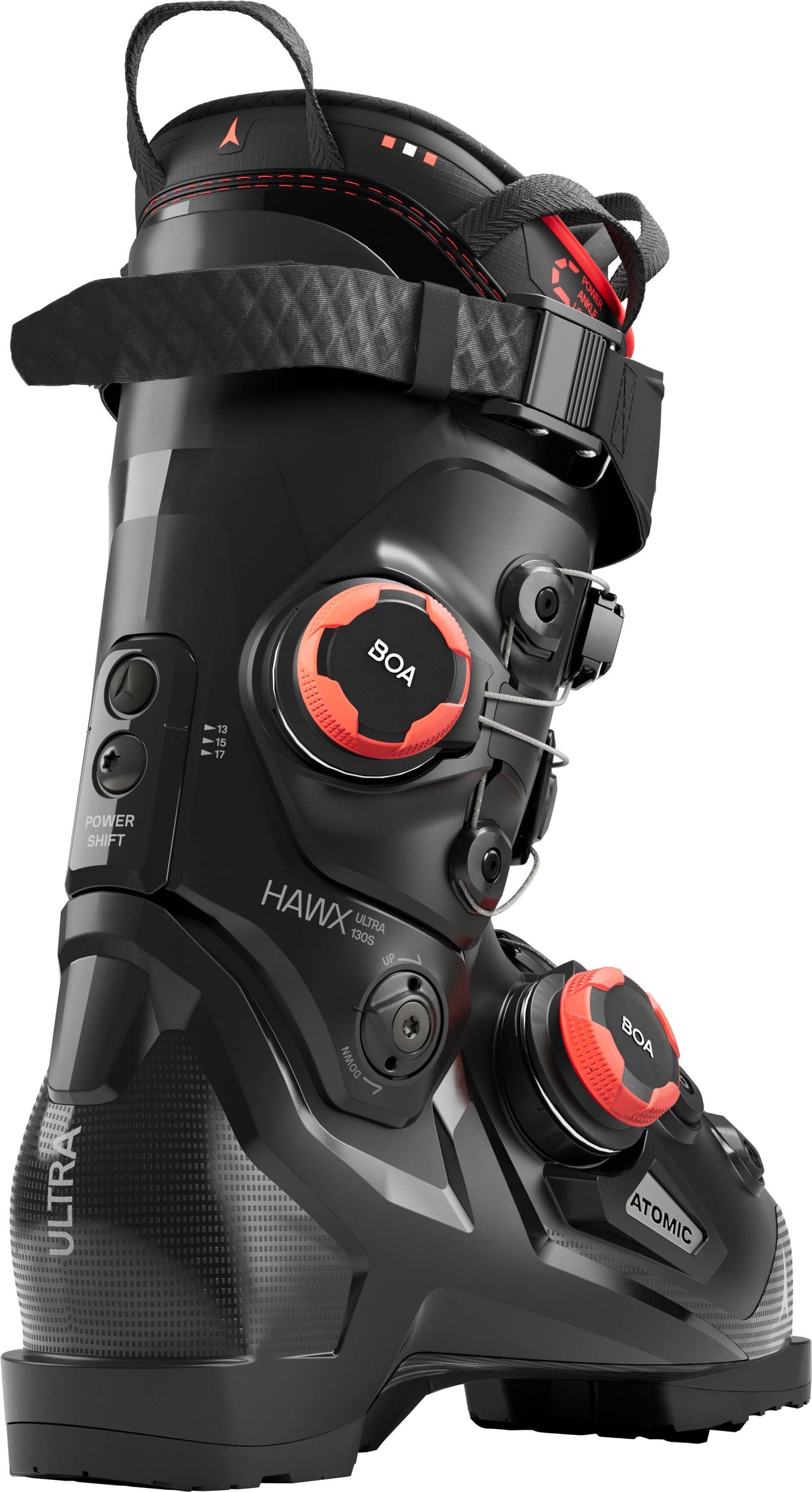 HawxUltra130SDualBOA- Black Atomic Hawx ski boot on a white background