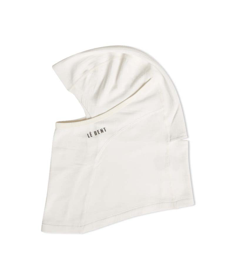 HeavyweightGridFleeceBalaclava-White balaclava with 'LE BENT' branding on a white background