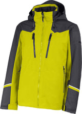 HeliosMensInsulatedJacket- A hooded technical jacket in bright yellow-green and dark gray, featuring a full front zipper, two vertical chest zip pockets, and reflective yellow-green stripes near the cuffs.