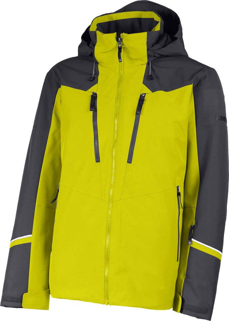 HeliosMensInsulatedJacket- A hooded technical jacket in bright yellow-green and dark gray, featuring a full front zipper, two vertical chest zip pockets, and reflective yellow-green stripes near the cuffs.