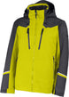 HeliosMensInsulatedJacket- A hooded technical jacket in bright yellow-green and dark gray, featuring a full front zipper, two vertical chest zip pockets, and reflective yellow-green stripes near the cuffs.