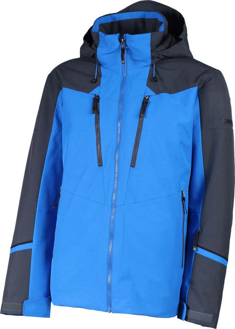 HeliosMensInsulatedJacket- A blue and dark gray hooded technical jacket with a full front zipper and multiple zippered pockets, shown on a plain white background.