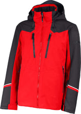 HeliosMensInsulatedJacket-A red and black hooded ski jacket with a full front zipper, two vertical chest zip pockets, and white stripe accents on the lower sleeves, shown against a plain white background.