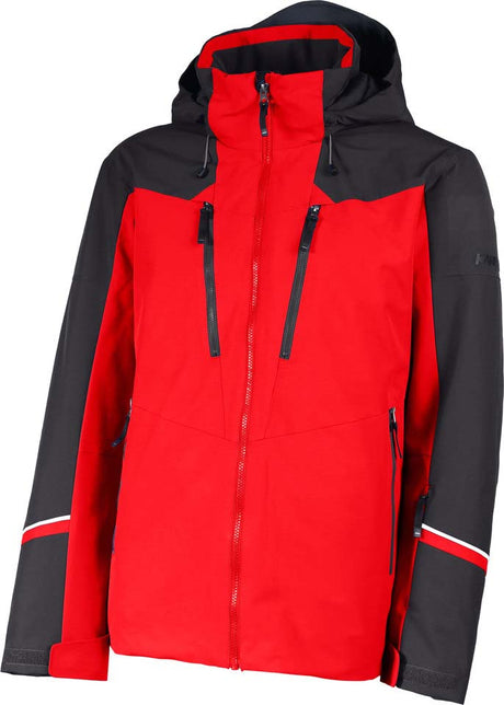 HeliosMensInsulatedJacket-A red and black hooded ski jacket with a full front zipper, two vertical chest zip pockets, and white stripe accents on the lower sleeves, shown against a plain white background.