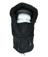 HelmetHoodz- Black sherpa hood that fits over a helmet shown on a white background