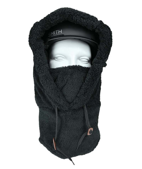 HelmetHoodz- Black sherpa hood that fits over a helmet shown on a white background
