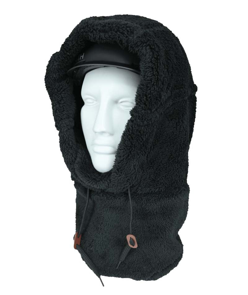HelmetHoodz- Black sherpa hood that fits over a helmet shown on a white background