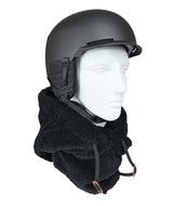 HelmetHoodz- Black sherpa hood that fits over a helmet shown on a white background