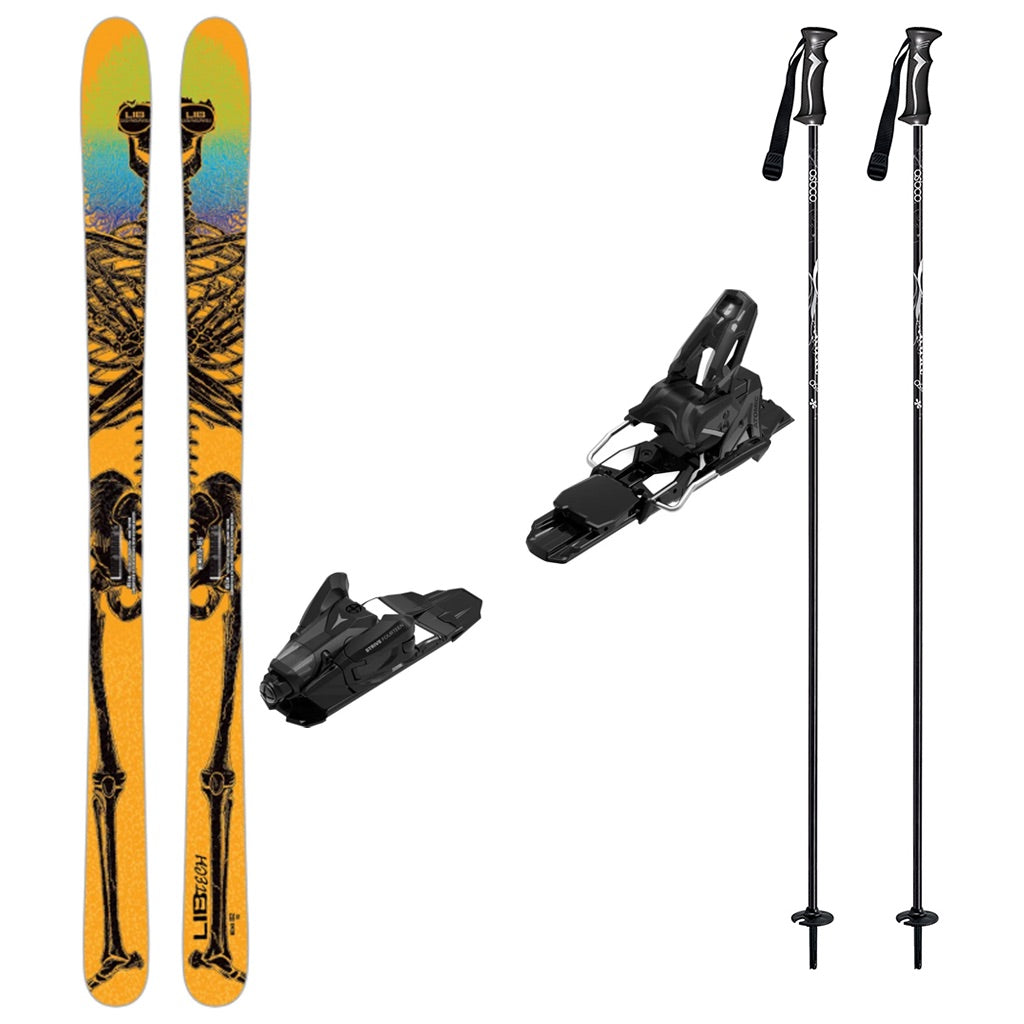 Hemi102w_Strive14-A ski bundle featuring a pair of yellow and blue skis with black skeleton graphics, two black ski bindings, and two black ski poles on a plain white background.