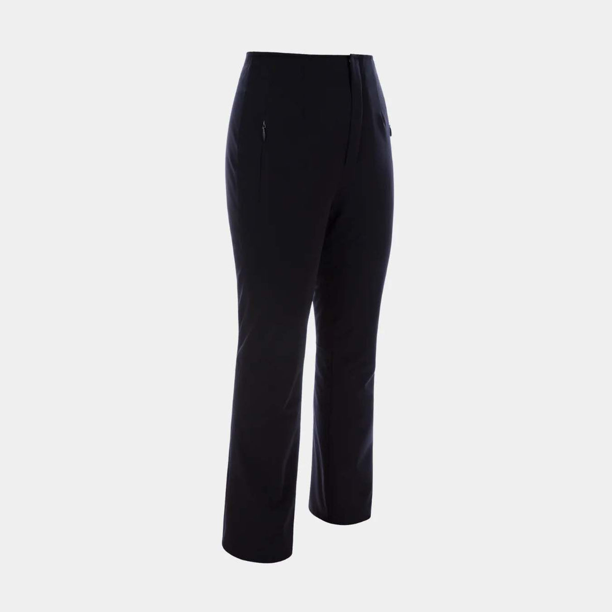 HighHeavenStretchPant-Black tailored trousers with a high waist, straight legs, and zippered side pockets, shown on a light gray background.