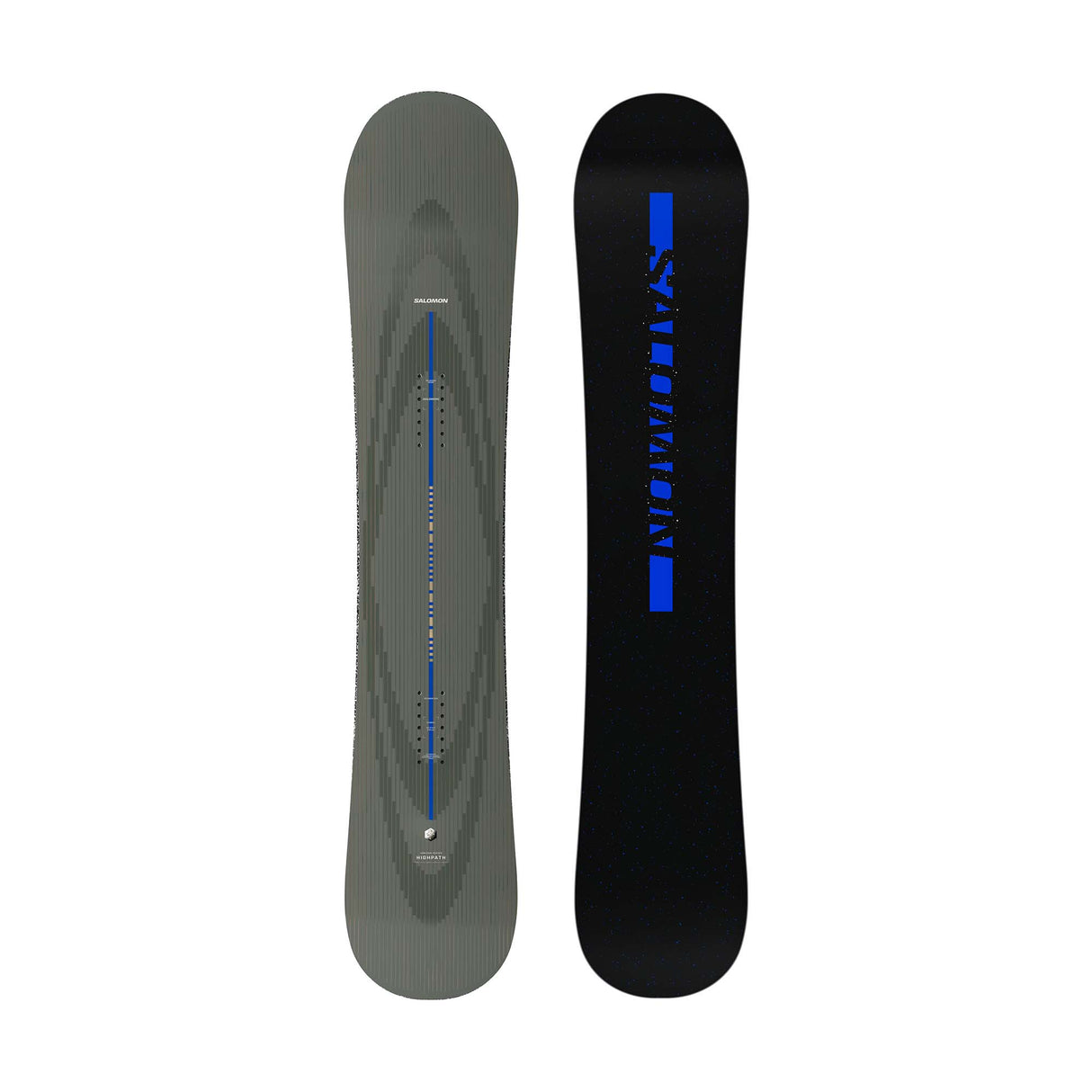 Highpath- Grey, black and dark blue snowboard shown on a white background 