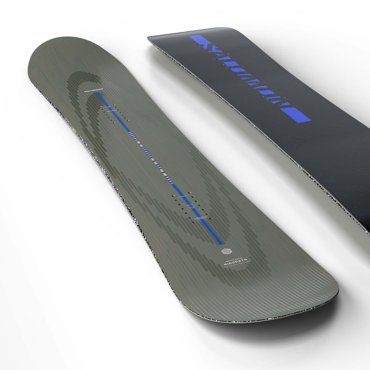 Highpath- Grey, black and dark blue snowboard shown on a white background 