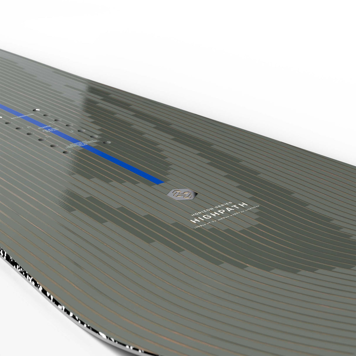 Highpath- Grey, black and dark blue snowboard shown on a white background 