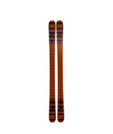 HoneyBadger- Orange and black skis with visible branding on a white background