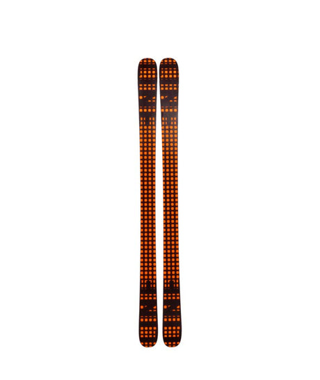 HoneyBadger- Orange and black skis with visible branding on a white background