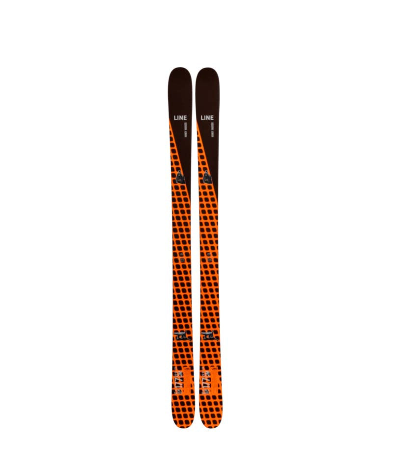 HoneyBadger- Orange and black skis with visible branding on a white background