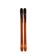 HoneyBadger- Orange and black skis with visible branding on a white background