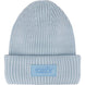 HorizonBeanie-A light blue ribbed knit beanie hat with a folded cuff and a square patch on the front featuring the 'swix' logo.