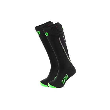 HotronicSurroundEvoThinHeatedSock-Black and green ski sock on a white background