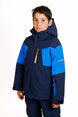 HydraBoysInsulatedJacket-A young boy wearing a Karbon ski jacket in navy blue and bright blue, with a yellow zipper and white brand logo on the chest, photographed against a plain white background.