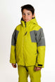 HydraBoysInsulatedJacket-A child wearing a bright yellow-green and gray ski jacket with matching pants, photographed against a plain light gray studio background.