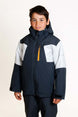 HydraBoysInsulatedJacket-A young boy wearing a dark navy and light gray color-blocked ski jacket with a bright yellow zipper, paired with matching dark pants, photographed against a clean white studio background.