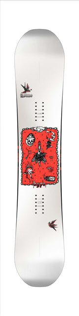 Hype- White snowboard with red and black graphics on a white background