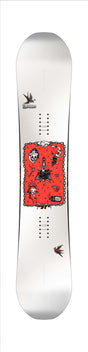 Hype- White snowboard with red and black graphics on a white background