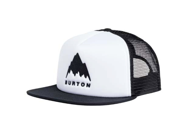I-80TruckerHat-White and black cap with Burton logo on a white background