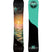 INFINITY- Black snowboard with a sunset over mountains on the top sheet and a teal and black base 