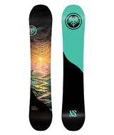 INFINITY- Black snowboard with a sunset over mountains on the top sheet and a teal and black base 