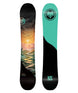 INFINITY- Black snowboard with a sunset over mountains on the top sheet and a teal and black base 