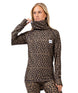 IcecoldTop- Woman wearing a leopard printed high neck baselayer on a white background
