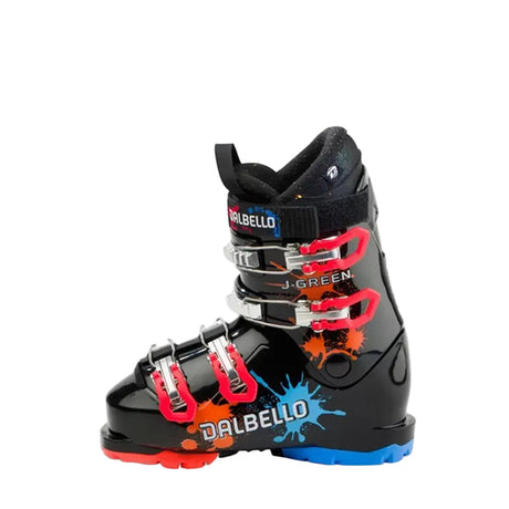 JGreen4.0-Black ski boot with red and blue accents on a white background