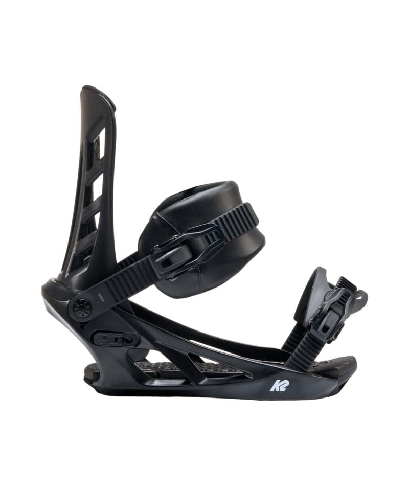 Indy- Black snowboard binding on a white background