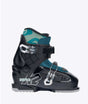 Indy2-A single ski boot shown in profile against a light gray background. The boot is primarily black with teal accents on the collar and tongue, and silver metal buckles and hardware.