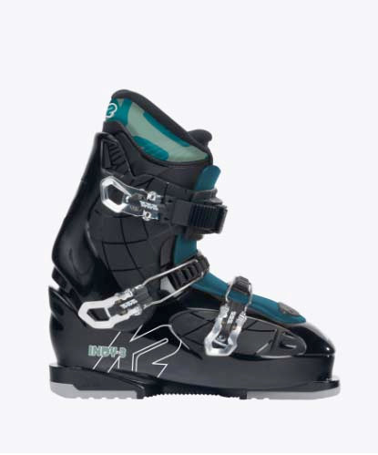 Indy3-A black ski boot with teal accents and silver buckles, shown from a side profile on a light gray background.