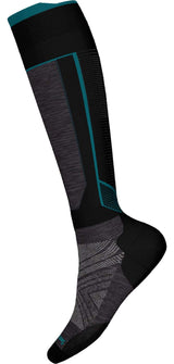 IntraknitWSkiTargetedCushionOTCSocks-Black and gray knee-high sock with teal accents on a white background