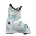 Jade3- White ski boot with teal accents on a white background