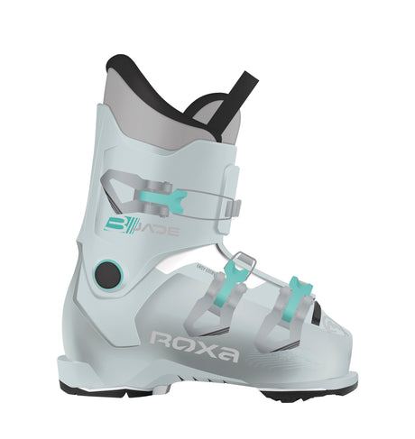 Jade3- White ski boot with teal accents on a white background