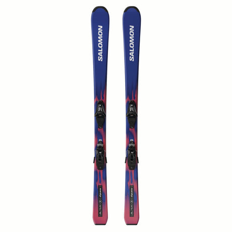 JR.LEQUIPEMC5GW-Pair of blue and purple Salomon skis on a white background