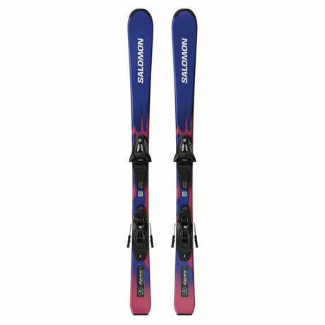 JR.LEQUIPESC5GW-Pair of blue and purple Salomon skis on a white background