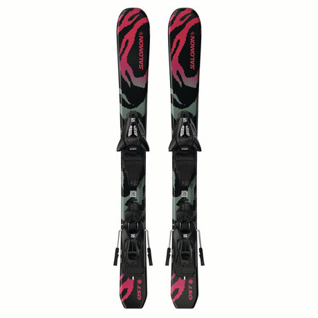 JR.LQSTBLACKXSC5GW-Pair of Salomon skis with bindings on a white background