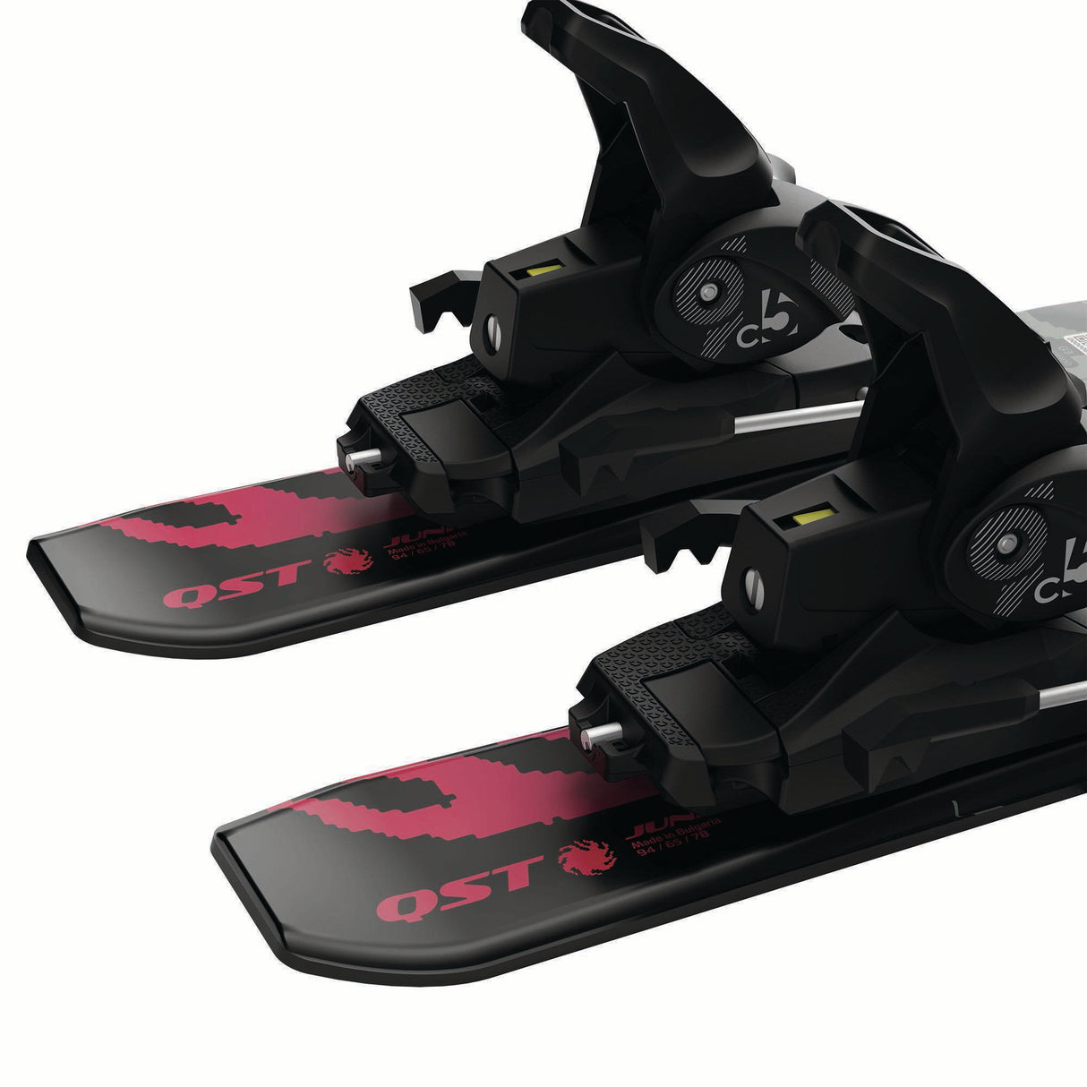 JR.LQSTBLACKXSC5GW-Black ski bindings with pink logo on a white background