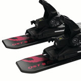 JR.LQSTBLACKXSC5GW-Black ski bindings with pink logo on a white background