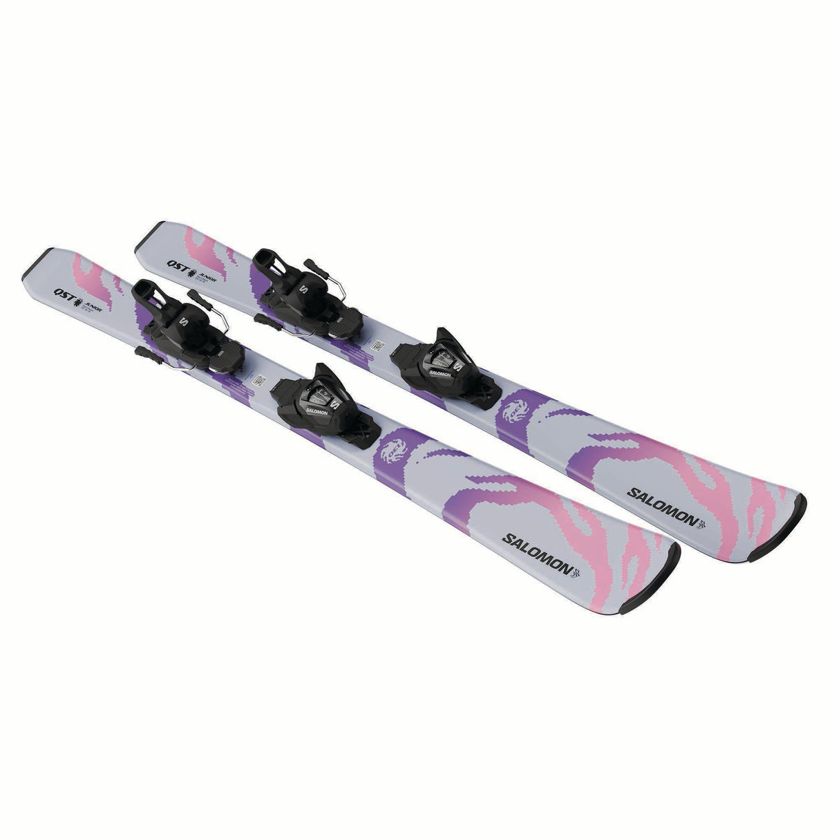 JR.LQSTCOSMICSKYML6GW-Pair of Salomon skis with bindings on a white background