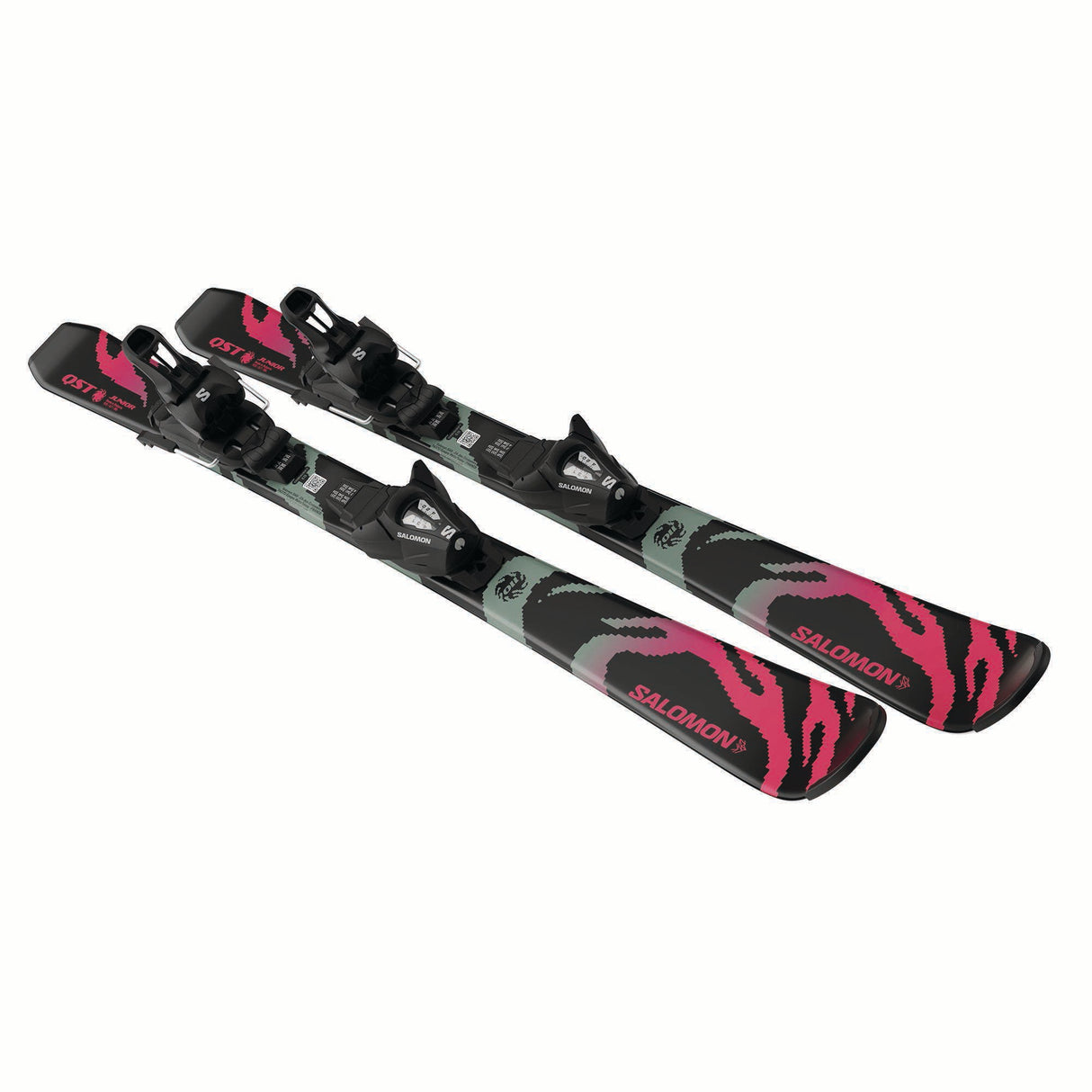 JR.QSTCOSMICSKYSC5GW-Pair of Salomon skis with bindings on a white background